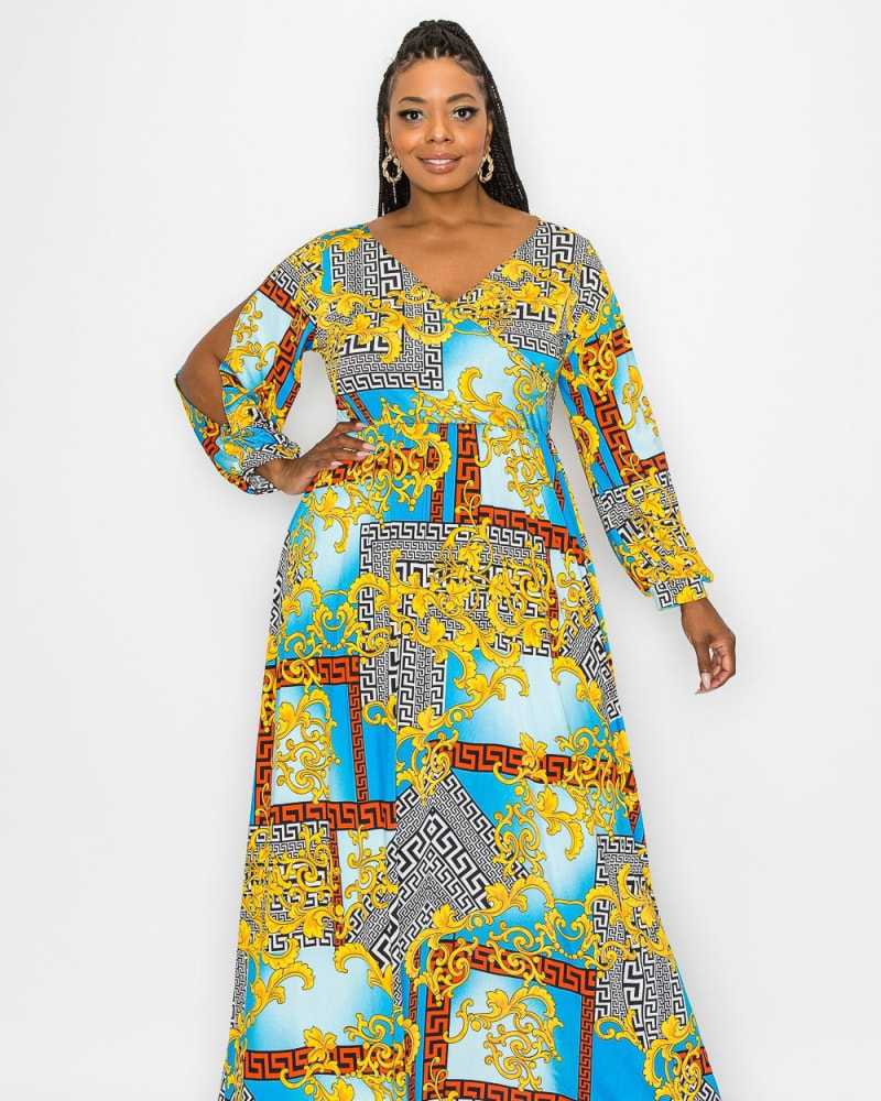Front of a model wearing a size 1X Vita Surplice Wrap Maxi Dress in Blue Royalty by L I V D. | dia_product_style_image_id:241211